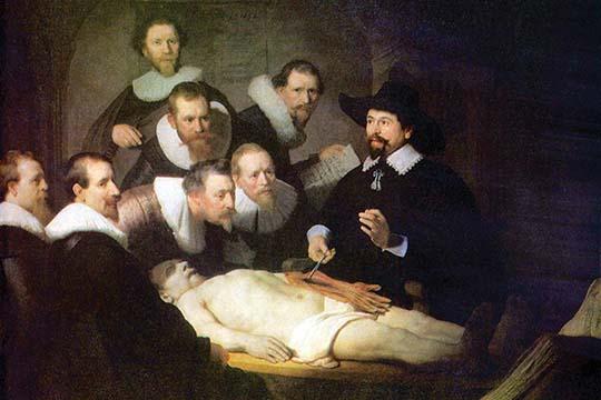 Surgical Anatomy Class Poster Print by Rembrandt Van Rijn, depicting a doctor and students in an educational setting.