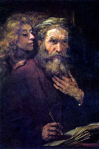 Evangelist Mathew and the Angel Poster Print by Rembrandt Van Rijn, showcasing a serene moment between Mathew and an angel.
