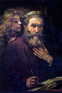 Evangelist Mathew and the Angel Poster Print by Rembrandt Van Rijn, showcasing a serene moment between Mathew and an angel.