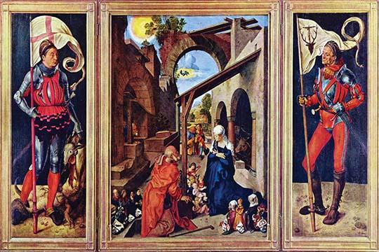 Medieval Triptych Poster Print featuring the Birth of Jesus and Heraldic Knights by Albrecht Durer.