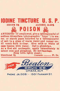 1920's pharmacy bottle label poster print showcasing vintage pharmaceutical advertising.