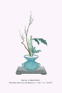 Ikebana Shochikubai Poster Print featuring Plum, Pine, and Bamboo arrangements.
