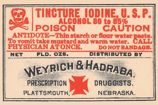 1920's Pharmacy Bottle Label Poster Print showcasing vintage quack cure labels.