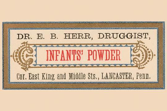 Vintage pharmacy label poster for infant powder by Dr. E.B. Herr Druggists.