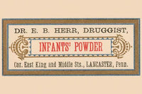 Vintage pharmacy label poster for infant powder by Dr. E.B. Herr Druggists.