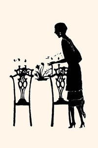 Silhouette of a Homemaker Setting Table with Flowers Poster Print by Maxfield Parrish.