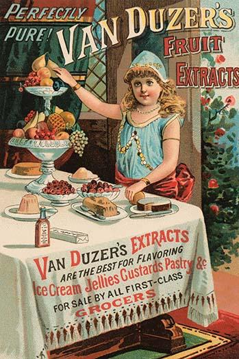 Victorian trade card print showcasing Van Duzer's fruit extract, perfect for vintage decor.