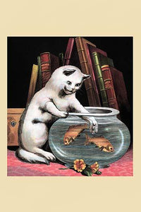 Curious cat reaching into fish bowl for goldfish poster print