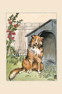 Old Prince Collie Poster Print by Frances Beem, charming illustration of a collie in front of a dog house.