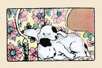 Illustration of two fox terriers napping on a chair by Julia Dyar Hardy.