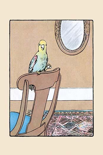 Cheerful poster print of a parrot perched on a chair by Julia Dyar Hardy.