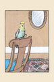 Cheerful poster print of a parrot perched on a chair by Julia Dyar Hardy.