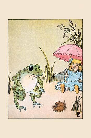 Children's illustration print of a frog asking Big Mary about a parasol for the party.