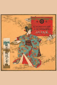 Vintage art print of a girl in kimono surrounded by moths.
