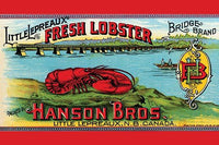 Lobster Can Label Artwork Print featuring a red lobster on the shore.