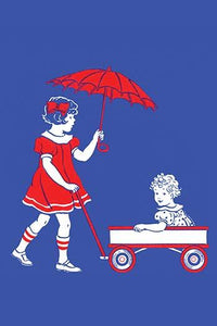 Poster print of a girl pulling a wagon and holding an umbrella, illustrated by Julia Letheld Hahn.
