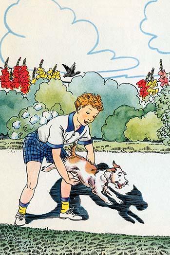 Poster print of a boy holding his arms for his dog to jump through by Julia Letheld Hahn