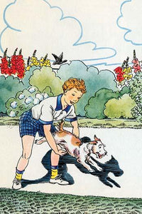 Poster print of a boy holding his arms for his dog to jump through by Julia Letheld Hahn