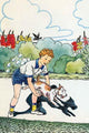 Poster print of a boy holding his arms for his dog to jump through by Julia Letheld Hahn