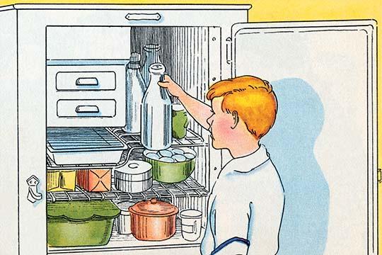 Taking Milk from the Ice Box poster print by Julia Letheld Hahn, showcasing a nostalgic domestic scene.