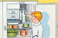 Taking Milk from the Ice Box poster print by Julia Letheld Hahn, showcasing a nostalgic domestic scene.