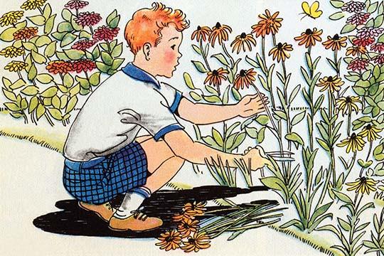A Boy Cuts Flowers to Create a Beautiful Bouquet Poster Print by Julia Letheld Hahn