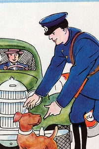 Police Officer Assisting a Lost Puppy Poster Print by Julia Letheld Hahn