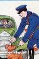 Police Officer Assisting a Lost Puppy Poster Print by Julia Letheld Hahn