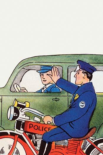 Motorcycle Cop Pulls Over Car Poster Print by Julia Letheld Hahn