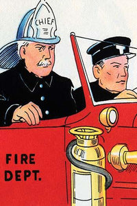 The Chief Heads to the Fire Poster Print by Julia Letheld Hahn featuring a fire truck.