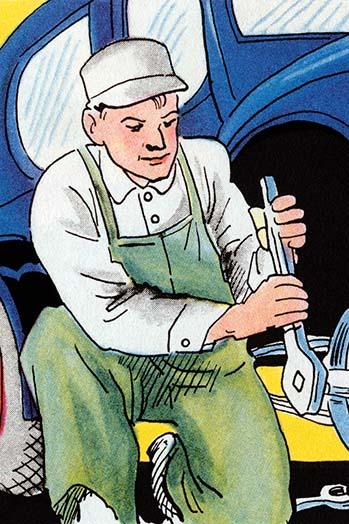 Car mechanic adjusting tire poster print by Julia Letheld Hahn