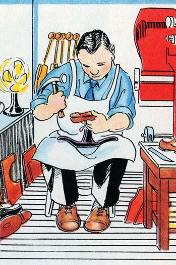A Cobbler Works on a Shoe vintage art print by Julia Letheld Hahn.