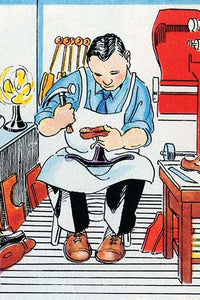 A Cobbler Works on a Shoe vintage art print by Julia Letheld Hahn.