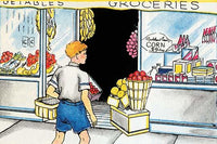 A Boy Enters the Grocery Store Poster Print by Julia Letheld Hahn, colorful artwork capturing a boy's adventure.
