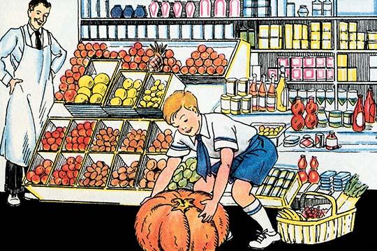 A boy trying to pick up a pumpkin at the grocery store - Poster Print by Julia Letheld Hahn