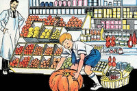 A boy trying to pick up a pumpkin at the grocery store - Poster Print by Julia Letheld Hahn