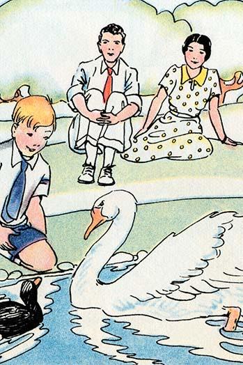 A Little Boy Feeds a Swan - Poster Print by Julia Letheld Hahn