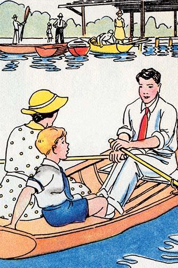 Dad Rows the Rowboat Poster Print by Julia Letheld Hahn depicting a serene family scene over a lake.