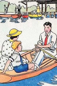 Dad Rows the Rowboat Poster Print by Julia Letheld Hahn depicting a serene family scene over a lake.