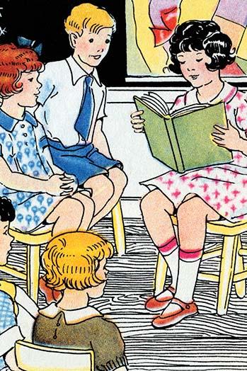 A Girl Reads to Her Classmates poster print by Julia Letheld Hahn, showcasing a young girl reading to her classmates.