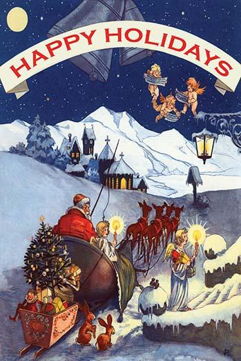 Santa Claus delivering presents in sleigh with angels in snowy landscape poster print.