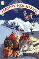 Santa Claus delivering presents in sleigh with angels in snowy landscape poster print.
