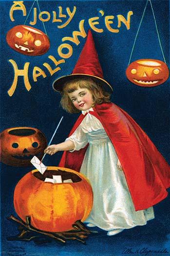 Halloween witch postcard art print by Ellen M. Clapnoddle featuring a little witch with pumpkins.