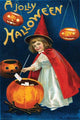 Halloween witch postcard art print by Ellen M. Clapnoddle featuring a little witch with pumpkins.