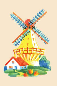 Vintage Dutch Windmill Scene Poster Print showcasing a charming 1930s design.