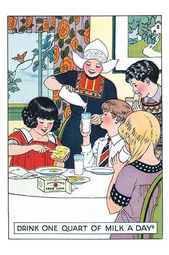 Four children enjoying a meal poster print, depicting a Dutch girl pouring milk