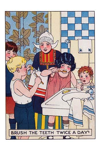 Children brushing teeth at the sink poster print, fun art for kids