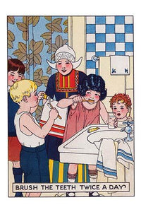 Children brushing teeth at the sink poster print, fun art for kids