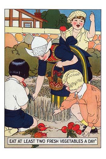 Children Working in the Garden Poster Print featuring kids pulling vegetables.