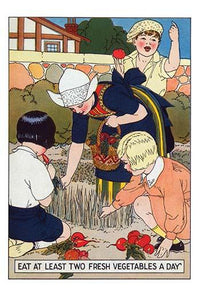 Children Working in the Garden Poster Print featuring kids pulling vegetables.